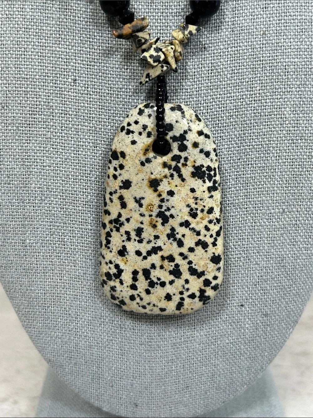 Dalmatian Jasper Pendant Necklace - Black & Cream Beaded Necklace